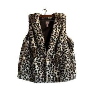 Chicos Faux Fur Leopard Print Vest XL Animal Print Hook Eye Closure